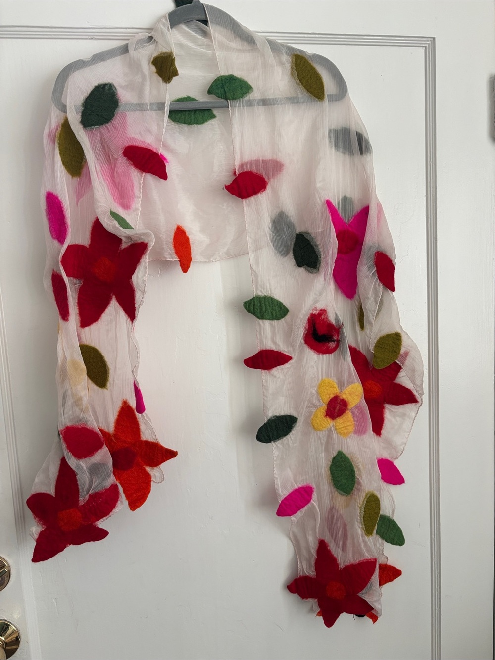 Sheer White Scarf with Felt Flower Appliqués